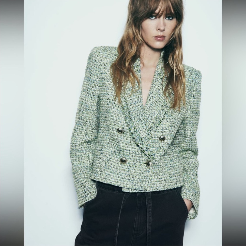 EUC Zara green tweeted structured blazer, medium - Picture 4 of 8
